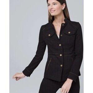White House Black Market Black Sz 0 Stretch Denim Studded Military Jacket Black